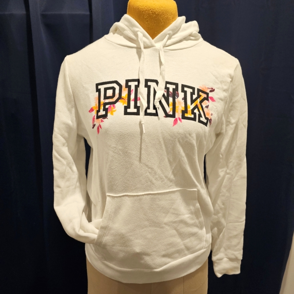 NWOT Size M White PINK Hoodie with Floral Logo Detail